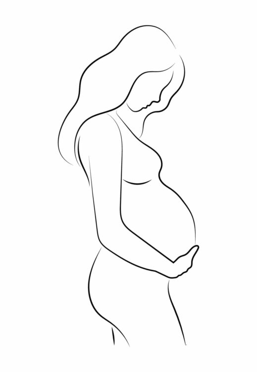 Contour of nude pregnant woman. Outlines of the body of a pregnant girl. Black and white illustration. Linear silhouette of a girl figure.